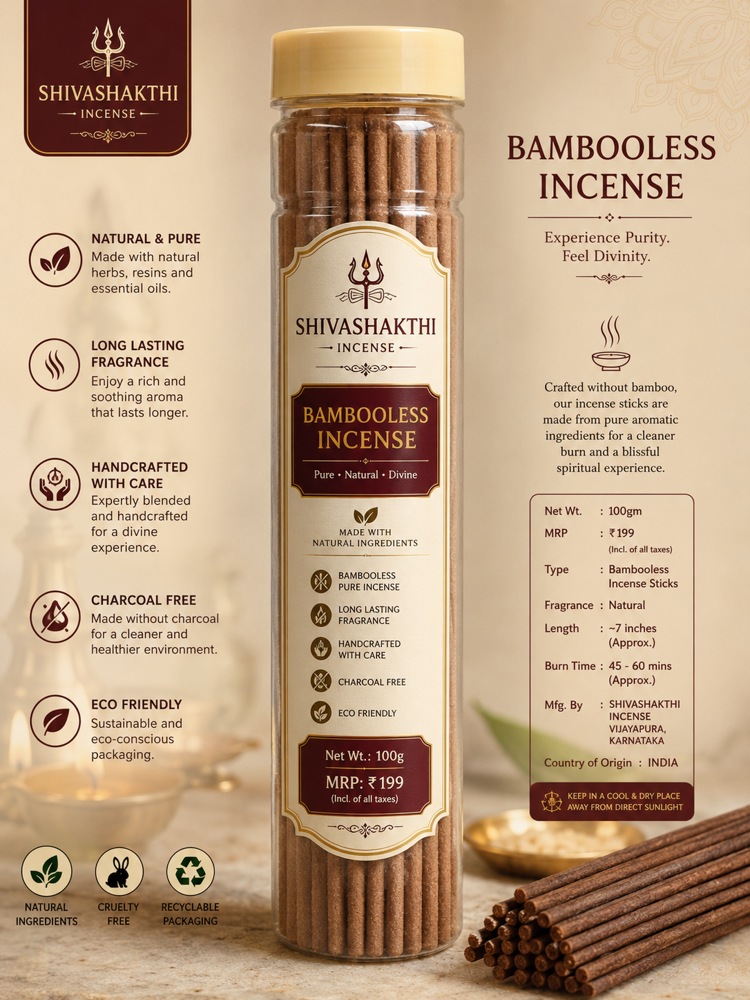 Shivashakthi Natural Bambooless Incense Sticks 100g – Eco-Friendly Agarbatti for Pooja